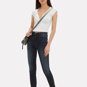 A.L.C. Sabina Twist Front White Crop Top Ribbed Knit Scalloped Edge Vneck Small